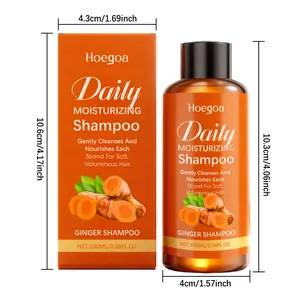 HOEGOA gember hydraterende shampoo en doos met gedetailleerde afmetingen in cm en inches
