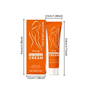 Dimensioni dettagliate del tubetto di crema depilatoria Hoygi da 20g e della confezione arancione.