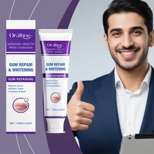 Emballage de dentifrice Oralhoe pour gencives et blanchiment avec un homme souriant pro