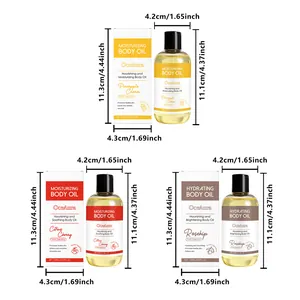 Dimensiones y detalles de empaque para tres variantes de aceite corporal hidratante y nutritivo