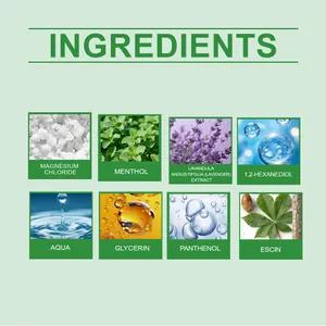 Detalle de los ingredientes clave del spray para piernas como lavanda y mentol.