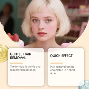 Dettaglio crema depilatoria viso che mostra formula delicata ed effetto rapido.