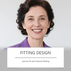 Portrait of a smiling woman showing natural results of a denture modification kit