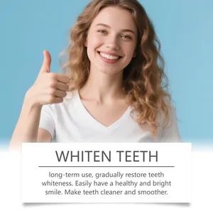 Image promotionnelle d'une femme souriante aux dents blanches pour dentifrice de soin.
