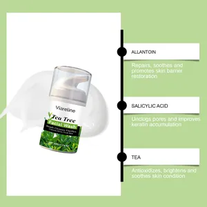 Limpiador facial Viareline de árbol de té con varios ingredientes activos detallados.
