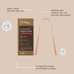 Rose gold Oralhoe U-shaped stainless steel tongue scraper with product box detail