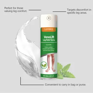 Primer plano del spray de alivio para piernas Laniska VenoLift para el bienestar