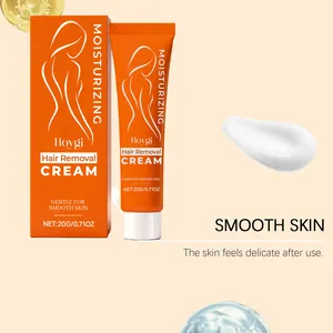 Primo piano della crema depilatoria Hoygi che mostra la texture e la confezione arancio