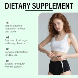 Dietary supplement beads for metabolism and wellness support with a fitness model background.