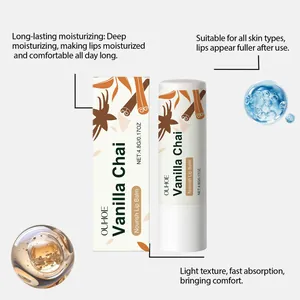 Close-up of OUHOE Vanilla Chai Nourishing Lip Balm tube and packaging with feature highlights
