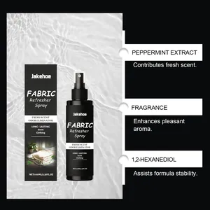 Vista detallada de los ingredientes del spray para telas Jakehoe con menta piperita
