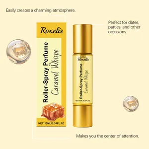 Nahaufnahme von Roxelis Karamell-Parfüm-Rollspray in eleganter Gold-Gelb-Verpackung.