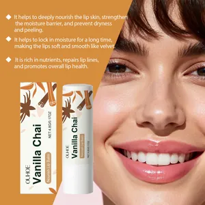 OUHOE Vanilla Chai Lip Balm detail showing hydrating effect and product packaging