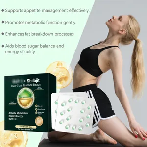 Close-up of Shilajit metabolism beads and a fitness model stretching in athletic wear