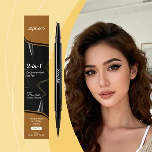 Detail of zephoco 2-in-1 double-ended black ink pen and 4-tip eyebrow brush with model
