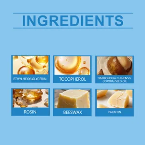 Detalle de ingredientes naturales para bandas de cera depilatoria como aceite de jojoba y cera de abeja.