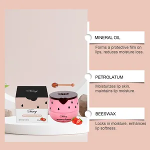 Set maschera labbra fragola con cucchiaio miele e dettagli ingredienti per idratazione.