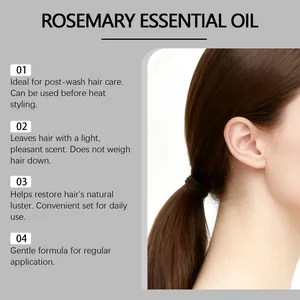 Detalle de beneficios del aceite de romero en el cabello suave de una modelo.