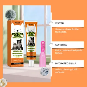Detail of pet dental gel toothpaste with vanilla flavor showing ingredients and finger brush