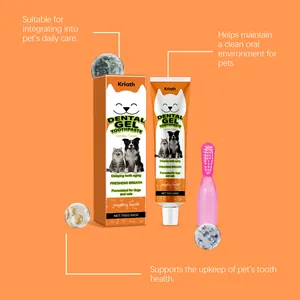 Detailed macro view of Kriath vanilla pet dental gel toothpaste set with pink finger brush