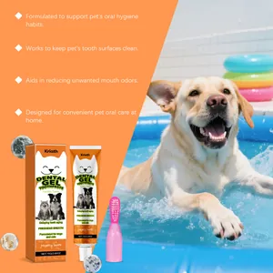 Detail of Kriath vanilla pet dental gel and pink finger toothbrush for oral care