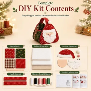 Complete DIY kit contents for Christmas Santa character quilted carry basket with fabrics
