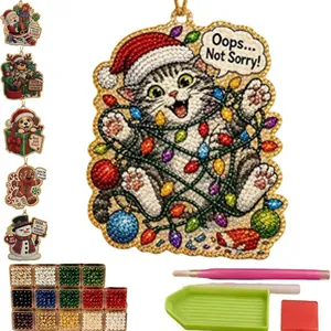 Funny Christmas cat DIY diamond painting kit with hanging ornaments and tools