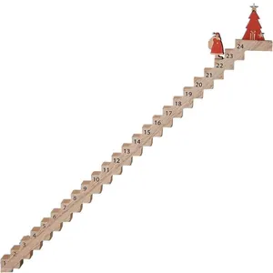 Detail view of wooden staircase advent calendar with numbered steps and Santa for Christmas