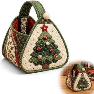 Close-up of a handmade quilted Christmas basket featuring a detailed tree design