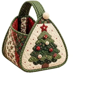 Christmas quilted fabric carry basket with tree applique and festive patterns