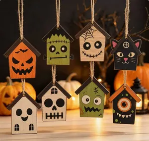Close-up of eight unique cartoon Halloween wooden house hanging ornaments with twine