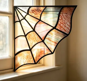 Close-up of a decorative stained glass spider web corner piece glowing in sunlight