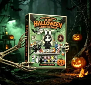 Halloween advent calendar box with Horror Animal Hospital theme held by skeleton hands