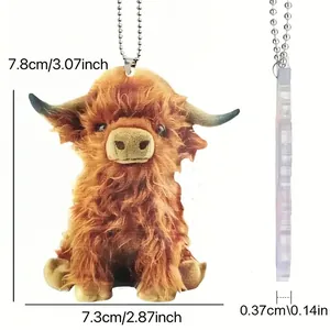 Highland cow car charm detail showing dimensions 7.8x7.3cm and 0.37cm thickness.
