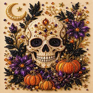 Detalle de primer plano del kit de arte DIY Halloween con calavera y calabaza de perlas