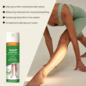 Vista detallada del spray de alivio para piernas Laniska VenoLift con modelo estirando