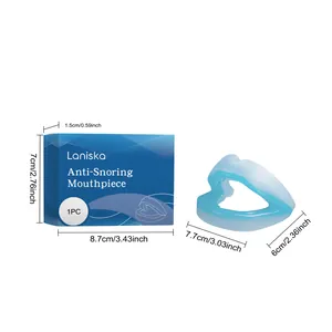 Detailed dimensions of the Laniska anti-snoring mouthpiece and its blue packaging box