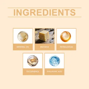 Dettaglio ingredienti balsamo labbra: olio minerale, cera d'api e acido ialuronico.