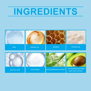 Lista visual de ingredientes para crema de pies con urea como el ácido salicílico