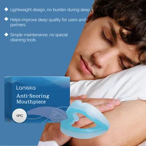 Close-up of LANISKA anti-snoring mouthpiece with blue packaging and sleeping man