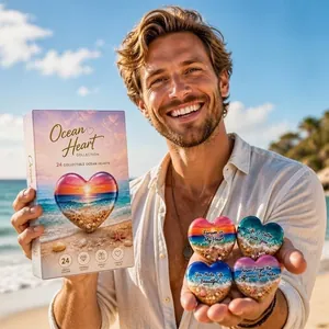 Hombre que sostiene la caja sorpresa del calendario de adviento Ocean Heart 24 días