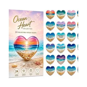 Vista detallada de 24 corazones de acrílico con temática de playa de la caja de Adviento.