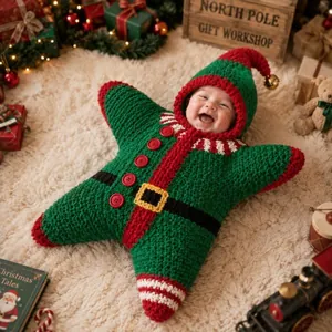 Gros plan d'une gigoteuse de Noël en forme d'étoile avec des détails mignons de lutin de Noël.