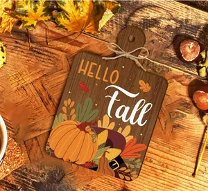Rustic wooden Hello Fall decorative sign featuring pumpkin and maple leaves illustration
