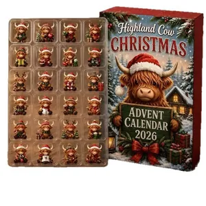 Calendrier de l'avent 2026 avec 24 figurines de vache Highland sur le thème de Noël