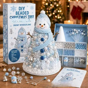 Kit completo de árbol de Navidad con cuentas DIY, diseño de muñeco de nieve y perlas azules
