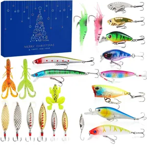 Feestelijke Kerstvis adventkalender set met diverse kunstaas en blauwe geschenkdoos
