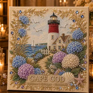 Gedetailleerde textuur van Cape Cod parelkunstset met 3D hortensia's en vuurtorenparels