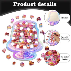 Vue détaillée d'un puzzle en bois coloré pour desserts avec support et motifs nets.