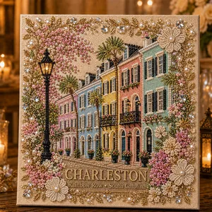 Gedetailleerde weergave van handgemaakte parelkunstset met Charleston Rainbow Row ontwerp